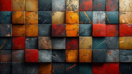 An abstract background with squares filled with marble, wood, and metal textures, vibrant and bold, hd quality, digital art, geometric precision, modern aesthetic, dynamic and lively composition.