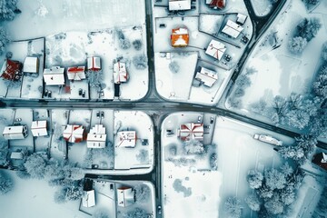 Sticker - A snowy street with houses and a boat in the water