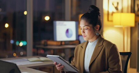 Poster - Business, woman and tablet at night in office with research for financial review, client report and online response. Professional, employee or digital technology at desk for communication or deadline