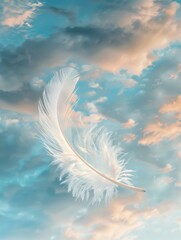 A white feather is floating in the sky above a blue and pink sky