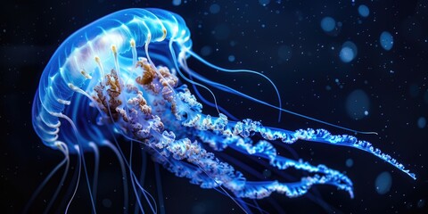 Poster - A jellyfish is shown in the water with a blue and white color