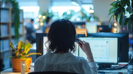 Poster - A customer service representative answering a phone call, viewed from the back. The scene features a brightly lit office environment with a desk, computer. Generative AI.