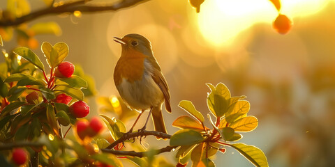 Wall Mural - A robin bird in a tree singing song at sunrise