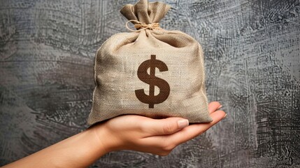 Wall Mural - Hand holding a burlap money bag with a dollar sign symbolizing finance, savings, and wealth