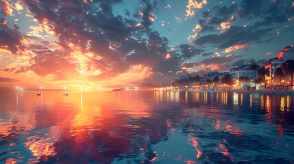Vibrant Sunset Reflecting on Serene Coastal Town with Warm Summer Evening Atmosphere