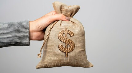 Wall Mural - Hand holding a burlap money bag with a dollar sign symbolizing finance, savings, and wealth