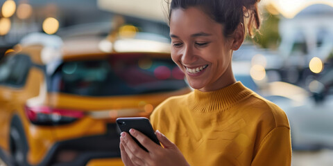 A smiling person using a smartphone to purchase a car