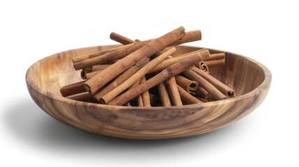 Dried cinnamon in a traditional wooden bowl.