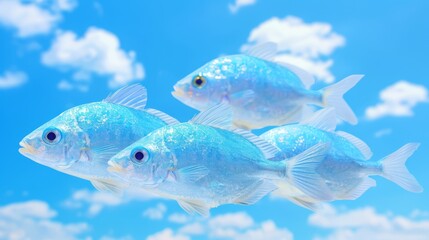  A cluster of tiny, blue fish hover above tranquil water beneath a sky painted blue with cottony white clouds