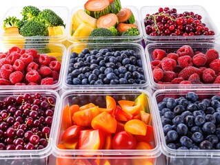 Wall Mural - A variety of fruits and vegetables are displayed in clear plastic containers