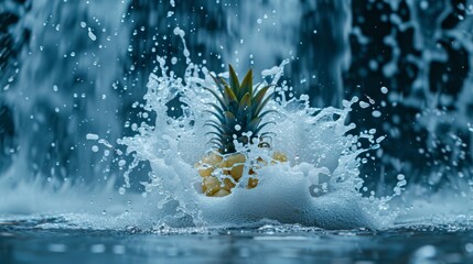  A pineapple drops into the water, disturbing its surface In the water's midst, two pineapples float