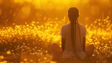 A woman sits in a field of yellow flowers. The sun is setting, casting a warm glow over the scene. The woman is in a peaceful and contemplative state, taking in the beauty of her surroundings