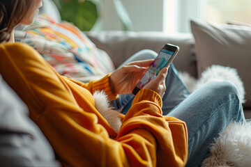 Female hand scrolling through a social media feed on a smartphone display while relaxing on a sofa at home, illustrating modern leisure activities and digital media consumption