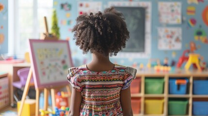 Wall Mural - A young girl stands in front of a chalkboard in a classroom. The room is decorated with colorful posters and toys. The girl appears to be looking at the chalkboard, possibly at a drawing or a lesson