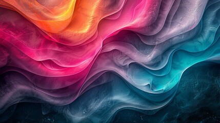 Abstract waves of vibrant colors including pink, teal, and orange, set against a dark background with grainy texture.