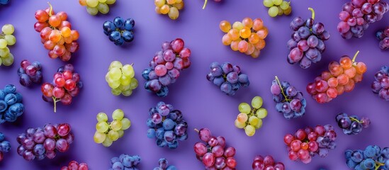 Wall Mural - Colorful grape pattern against a purple backdrop, captured from above.