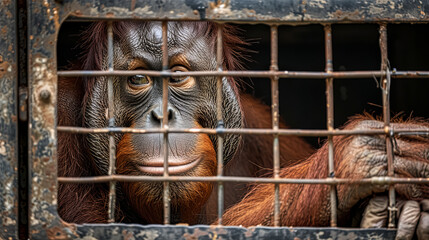 Orangutan in a cramped cage