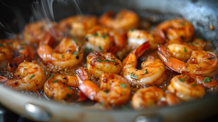  A frying pan filled with cooked shrimp, garnished with herbs and seasoning sprinkles