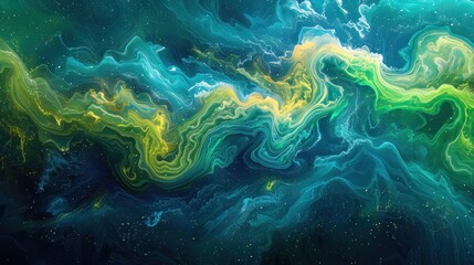 Wall Mural - A psychedelic color wave featuring vibrant green, yellow, and blue hues on a dark, grainy background.