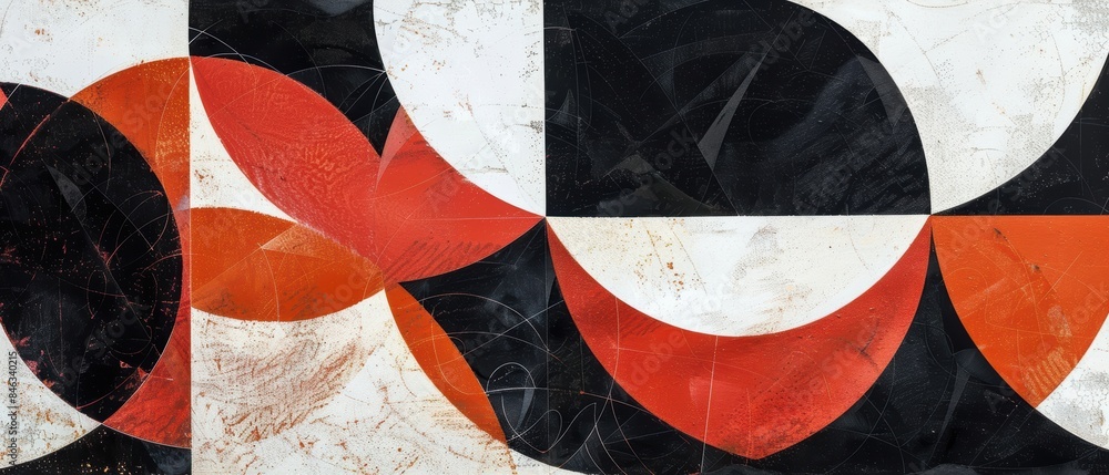 Geometric abstract painting with striking red, black, white, and orange ...