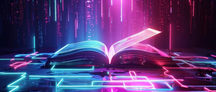 Digital learning book in a modern futuristic style, featuring neon lights and holographic text