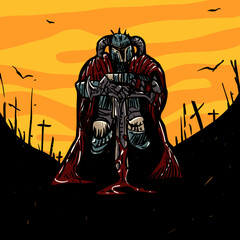 Knight in war cemetery Vector Illustration