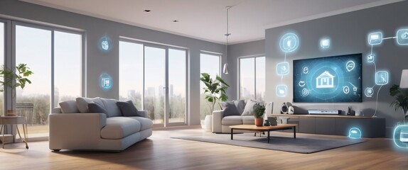 illustrate the concept of the Internet of Things with an image of a smart home, featuring various connected devices and appliances, shot from a low angle with a wide-angle lens