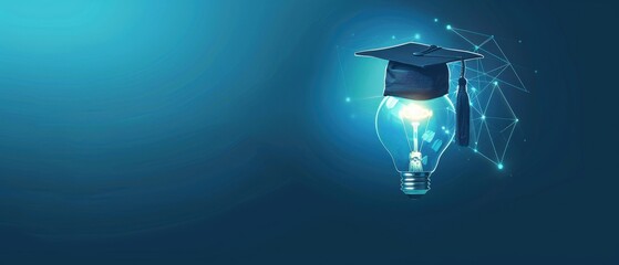 Blue background showcasing a light bulb and graduation cap, symbolizing advanced education technology
