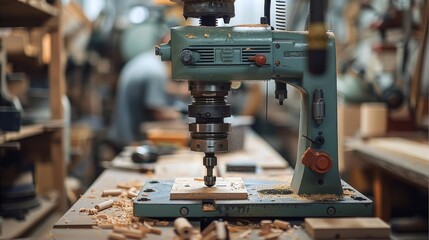 Wall Mural - An industrial drill press in action, with the focus on its green body and wood tool arm being, used of a male craftsman wearing safety glasses inside a modern workshop room. Generative AI.