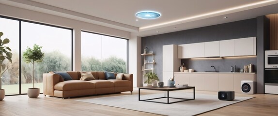 illustrate the concept of the Internet of Things with an image of a smart home, featuring various connected devices and appliances, shot from a low angle with a wide-angle lens