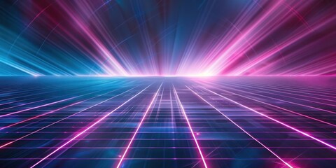 Wall Mural - Illustrate the fusion of past and future aesthetics with a image showcasing abstract blue and pink light beams against a retro grid floor backdrop.