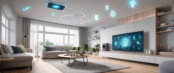 Canvas Print - illustrate the concept of the Internet of Things with an image of a smart home, featuring various connected devices and appliances, shot from a low angle with a wide-angle lens