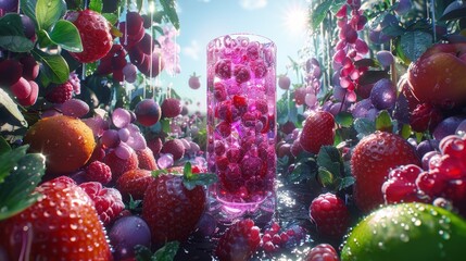 Wall Mural -  A vibrant arrangement of strawberries and other fruits against a backdrop of a blue sky In the foreground, a pink vase adds charm