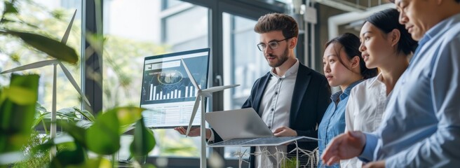 Poster - A diverse, collaborative team works in a modern office with greenery, utilizing technology to foster teamwork among professionals. Discussions and interactions lead to productive outcomes