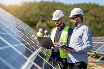 Wall Mural - Engineers are collaboratively installing solar panels at a solar farm. The project highlights advancements in renewable energy technology and the use of sustainable practices for power generation