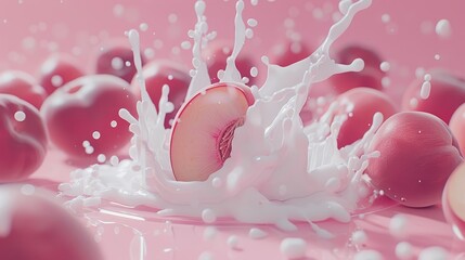 Wall Mural -  A tight shot of a fruit, milk spurting from it against a pink backdrop, surrounded by additional fruits in the background