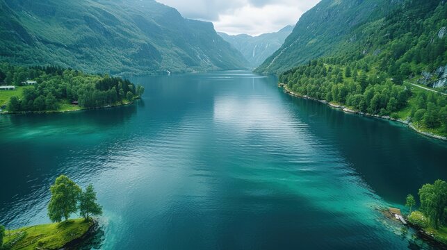 Aerial view of the Sognefjord, Norway's longest and deepest fjord, with clear blue waters