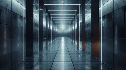 Leinwandbilder - Empty room with geometric shapes radiating from the center on all four walls. The floor is made of large tile, and the ceiling has straight lines that extend to the edges of the frame. Generative AI.