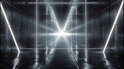 Leinwandbilder - Empty room with geometric shapes radiating from the center on all four walls. The floor is made of large tile, and the ceiling has straight lines that extend to the edges of the frame. Generative AI.