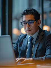 Wall Mural - A man in a suit is typing on a laptop computer