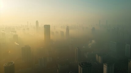 Wall Mural - Smoggy Cityscape: Capture a panoramic view of a city skyline shrouded in thick smog, with tall buildings partially obscured by the polluted air.