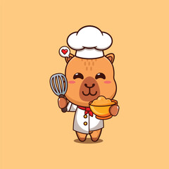 Wall Mural - Cute chef capybara making cake batter cartoon vector illustration