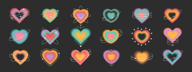 Wall Mural - Abstract blurred gradient shapes. Hearts with circles and sparkles in trendy retro y2k style. Vector illustration