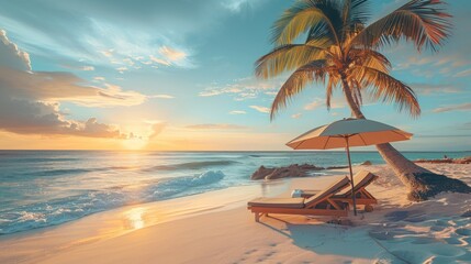 A beautiful tropical beach with two sunbeds and an umbrella on white sand under a palm tree at sunset, a summer vacation concept. Generative AI.