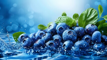 Wall Mural -  Blueberries float atop tranquil water, surrounded by submerged leaves; water gently splashes around them