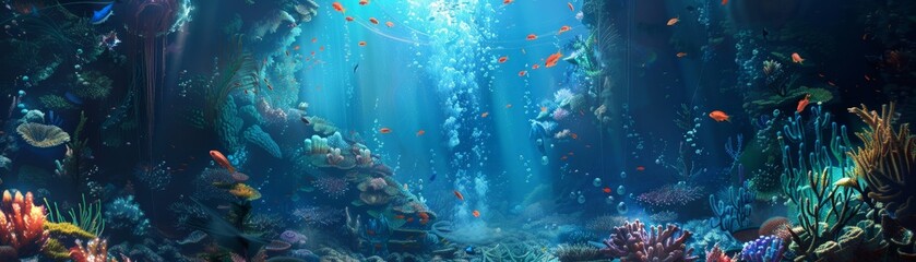 Vibrant underwater scene with colorful coral reefs, various fish, and sunlight streaming through the water, showcasing marine life and ocean beauty.