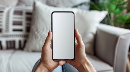 A person holding a cell phone with a blank screen in their hand