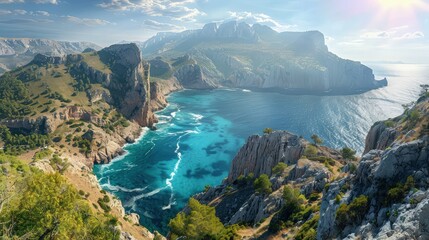 Wall Mural - A panoramic landscape of the rugged Mediterranean coastline, bathed in sunlight, with turquoise waters meeting jagged cliffs.