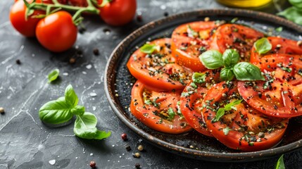  A black surface holds a plate of sliced tomatoes garnished with herbs and seasoning Nearby, a bottle of olive oil and a basil sprig await use