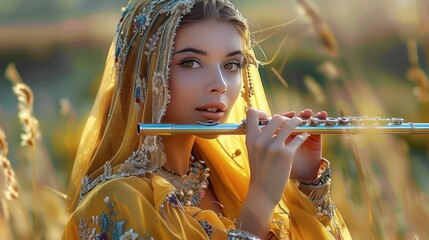 Wall Mural - A beautiful woman in traditional dress playing a flute with golden and blue colors in a meadow background. Generative AI.